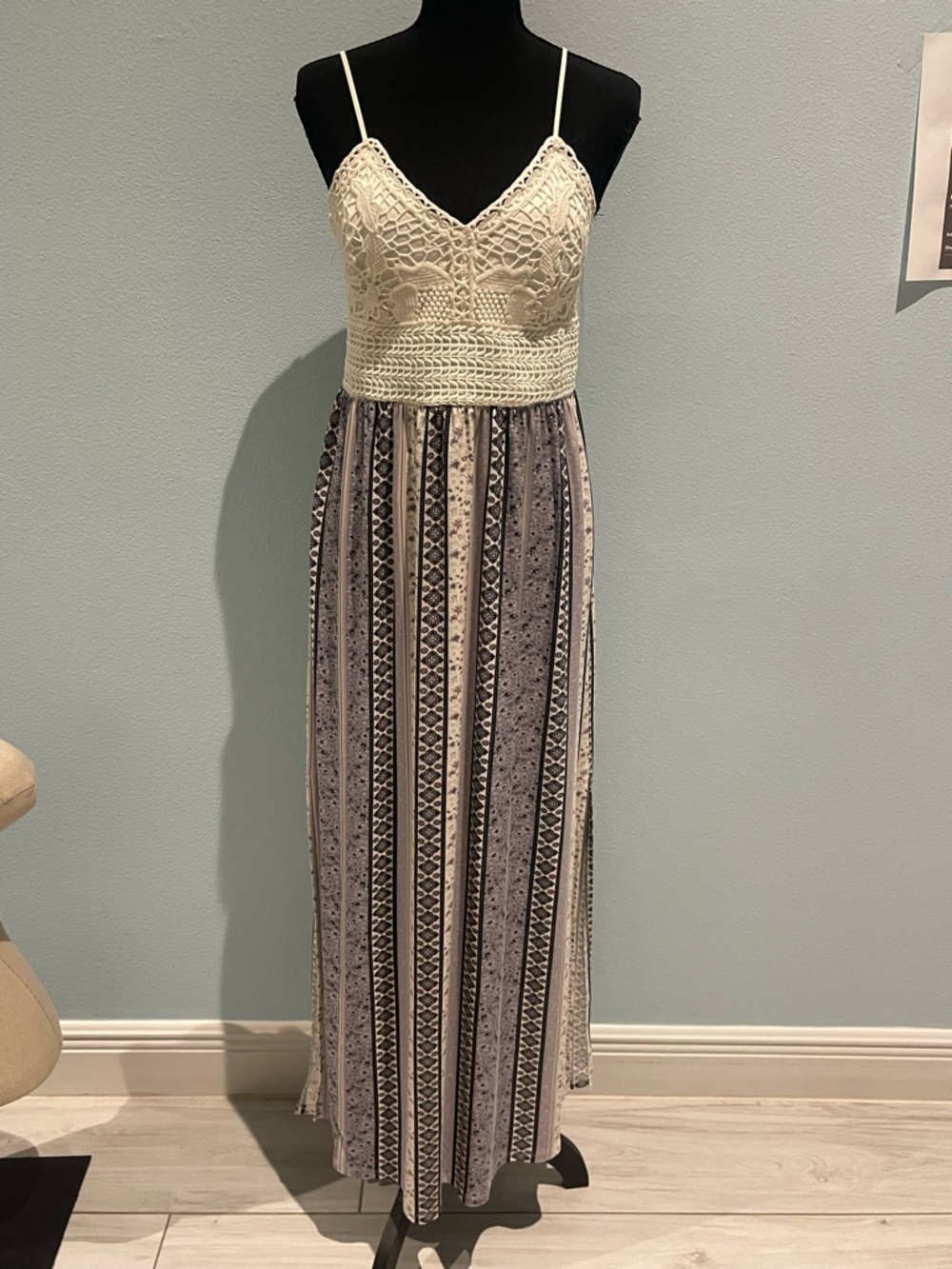 Derek Heart Cream Crochet Bodice Blue Patterned Maxi Dress